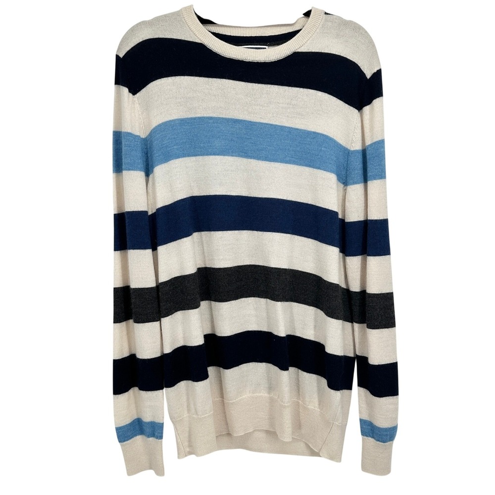 Club Room Mens Medium Merino Wool Blend Striped Crewneck Sweater Blue Grey Cream